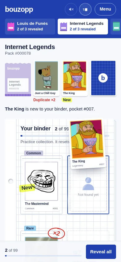 Binder on a phone, with the set progress and Reveal all in a bottom dock.