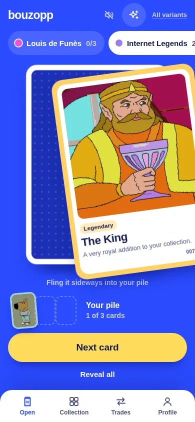 Pocket on a phone: booster chips at the top, the card stack, and the main action above a four-tab bar.