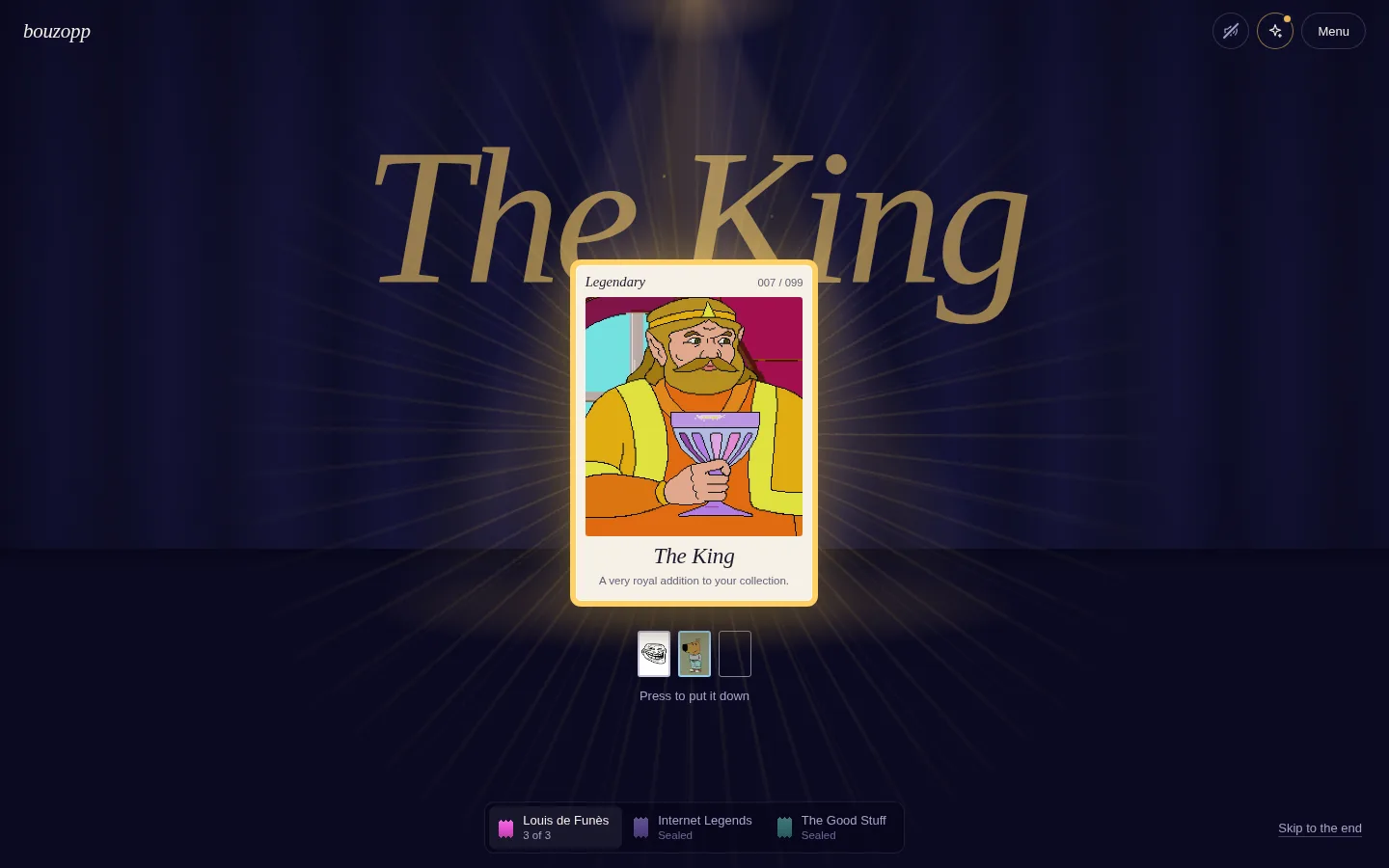 Spotlight: The King revealed under a gold beam, its name written huge behind the card.