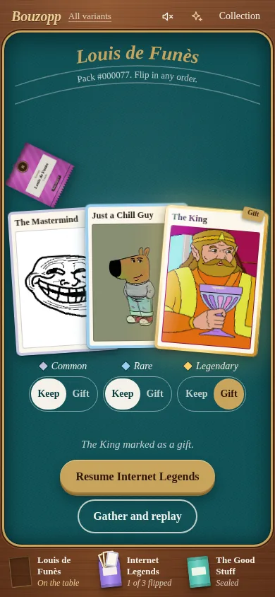 Card table on a phone, with Keep and Gift under each card.